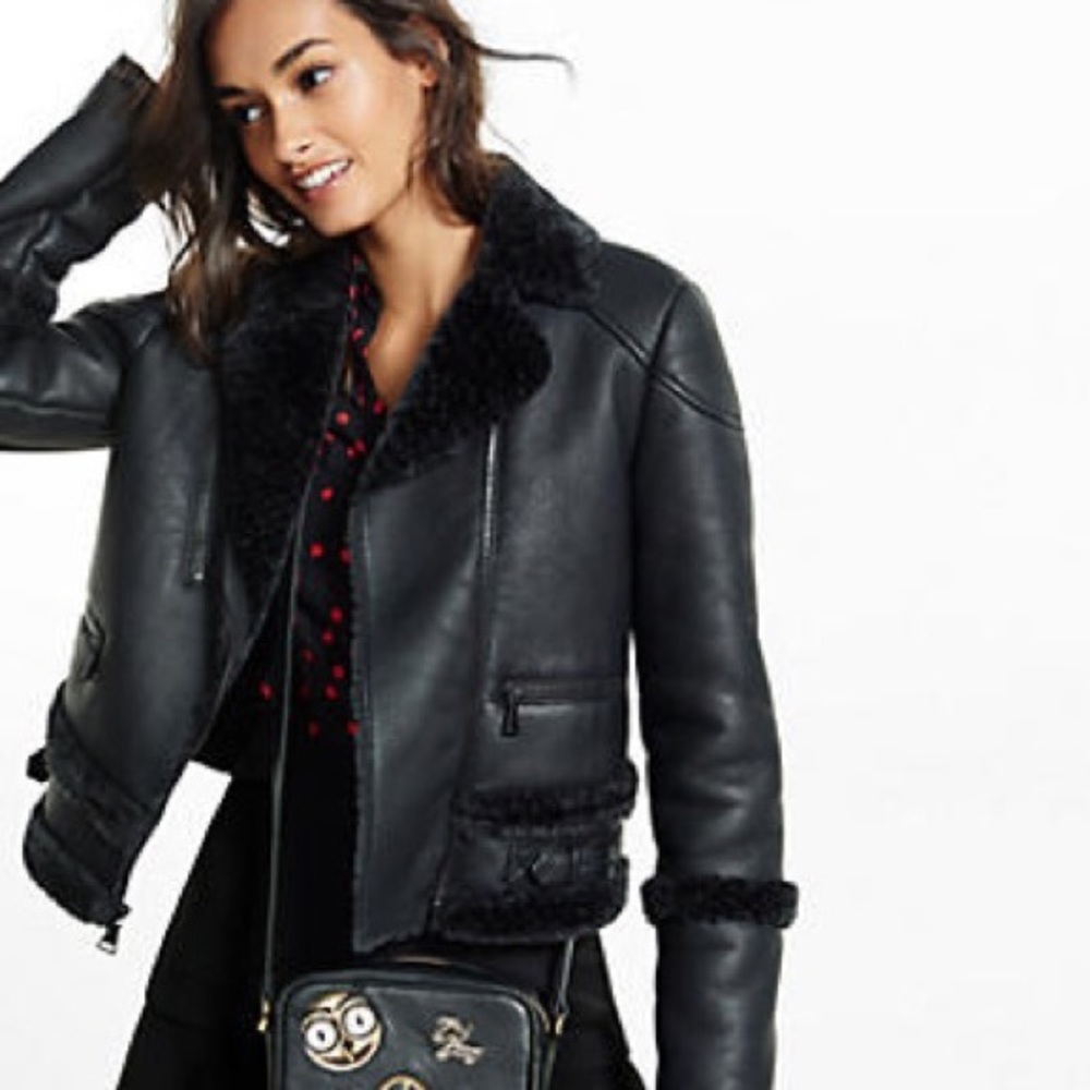 Express XS black MOTO shearling jacket